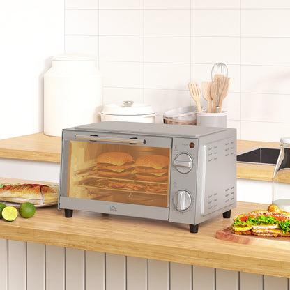 HOMCOM Mini Oven, 9L Countertop Electric Grill, Toaster Oven with Adjustable Temperature, Timer, Dishwasher Safe Baking Tray and Wire Rack, 750W, Silver