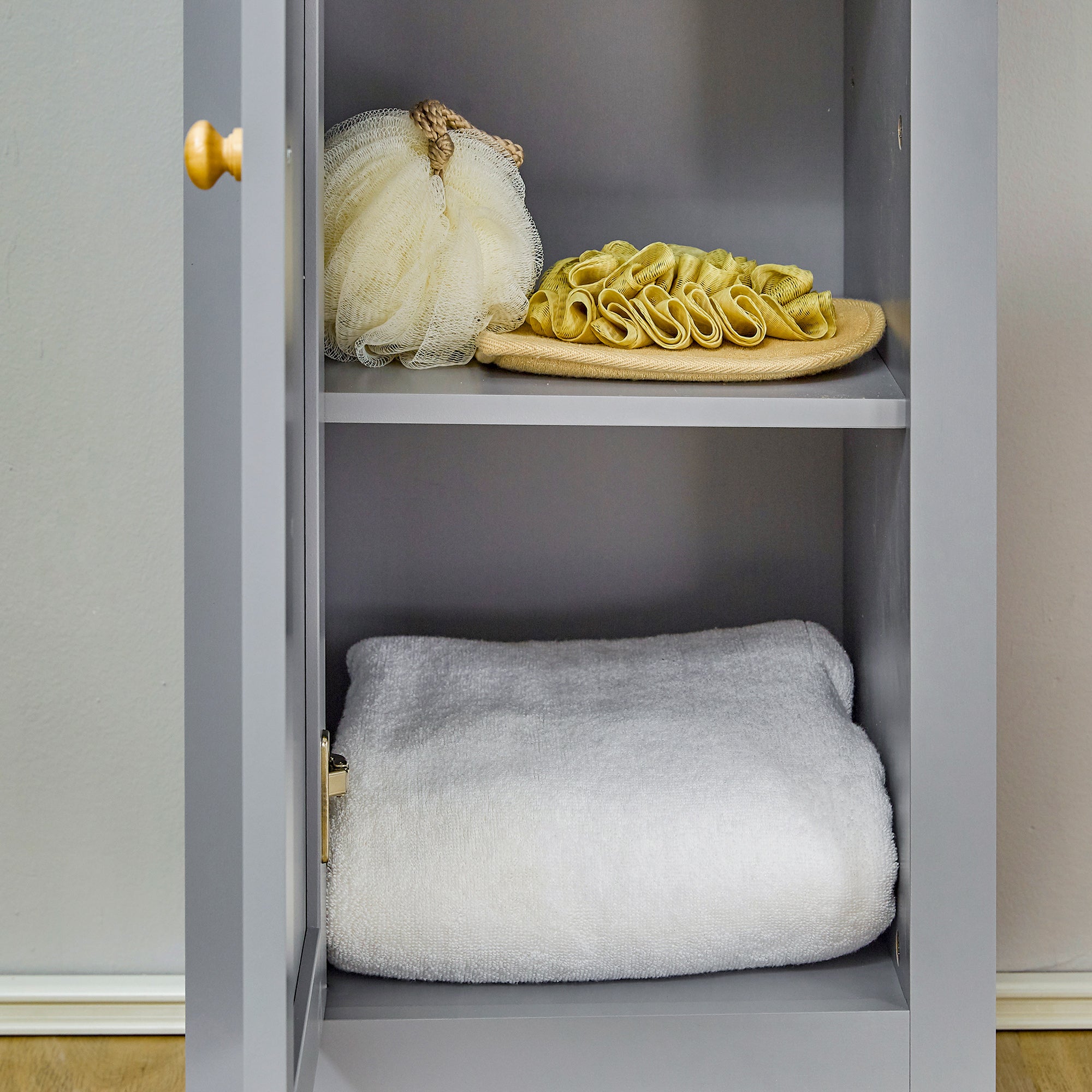 kleankin Bathroom Floor Storage Cabinet with 3 Tier Shelf and Cupboard with Door, Free Standing Linen Tower, Tall Slim Side Organizer Shelves, Grey 