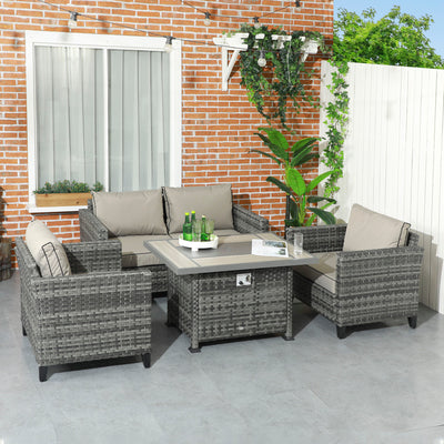 Outsunny 5-Piece Rattan Patio Furniture Set with Gas Fire Pit Table, Loveseat Sofa, Armchairs, Cushions, Pillows, Grey 