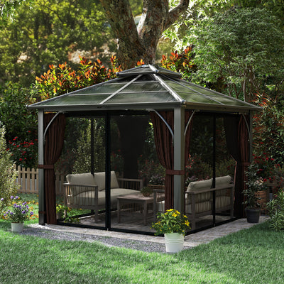 Outsunny 3 x 3(m) Hardtop Gazebo Canopy with 7mm Double Polycarbonate Roof, Garden Gazebo Permanent Pavilion with Mosquito Netting and Curtains for Patio, Deck, Brown 
