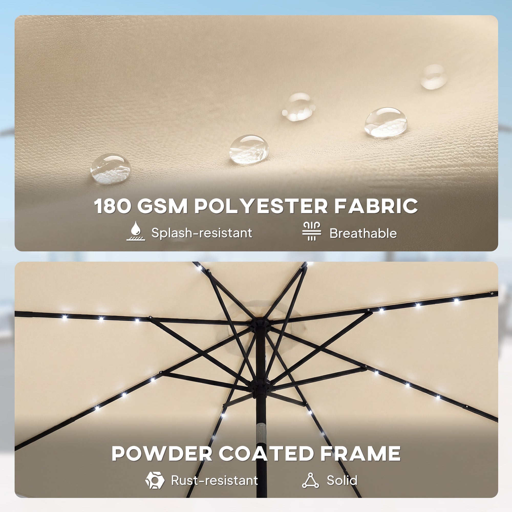 Outsunny 2.6 m Garden Parasol Umbrella with LED Solar Light, Parasol Cover, Outdoor Market Patio Umbrella, Beige 