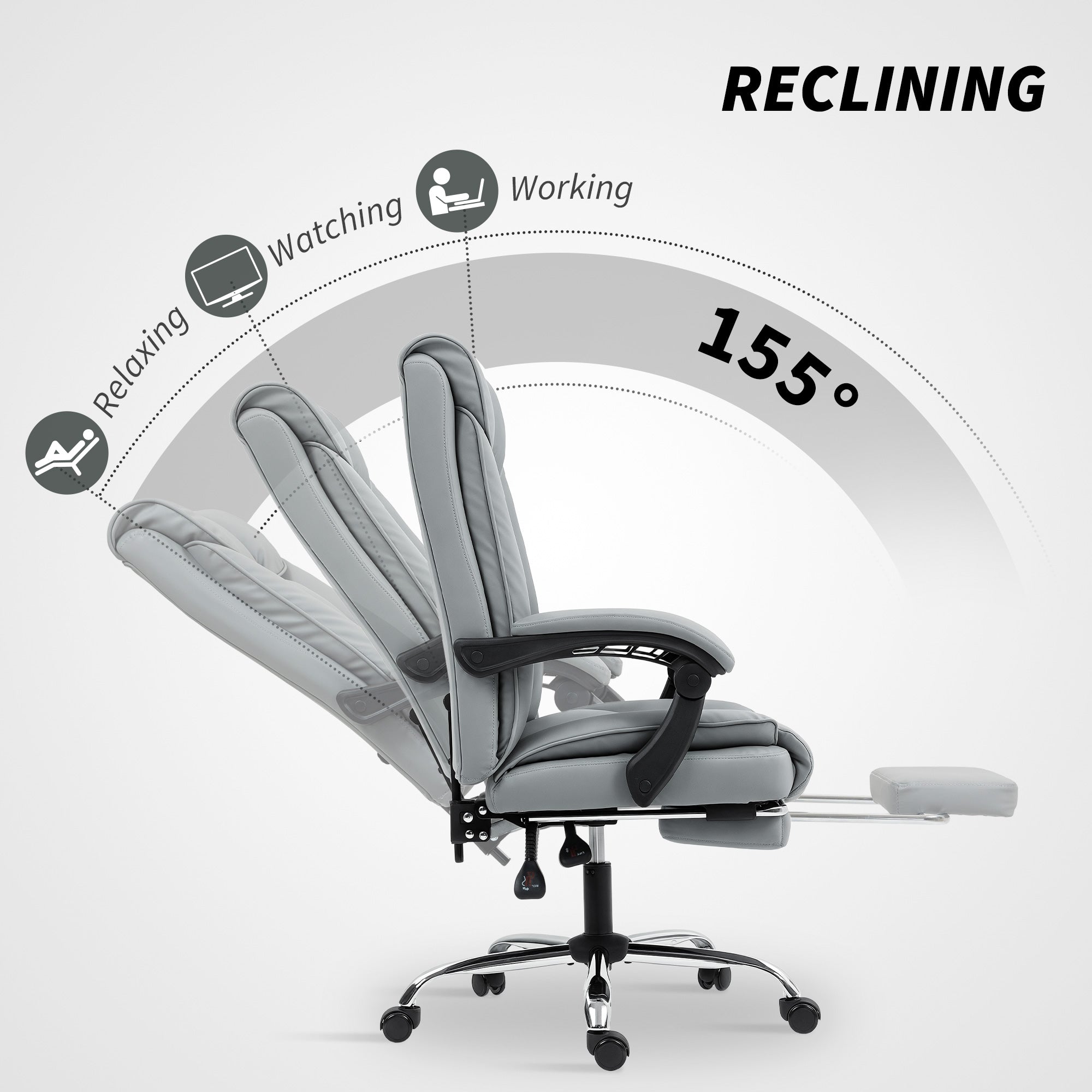 HOMCOM 155° Reclining Faux Leather Swivel Office Chair -Black 