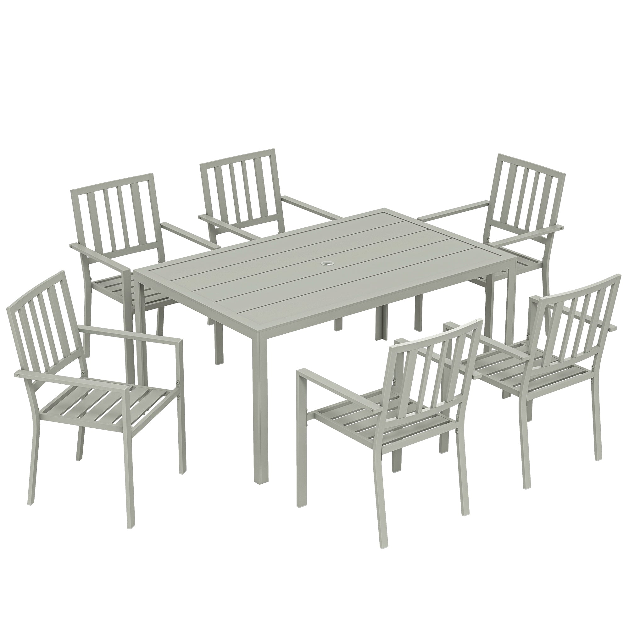 Outsunny Garden Table and Chairs for 6, 7 Pieces Garden Furniture Set with Table, 6 Stackable Chairs and Umbrella Hole Light Grey 