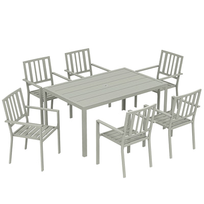 Outsunny Garden Table and Chairs for 6, 7 Pieces Garden Furniture Set with Table, 6 Stackable Chairs and Umbrella Hole Light Grey 