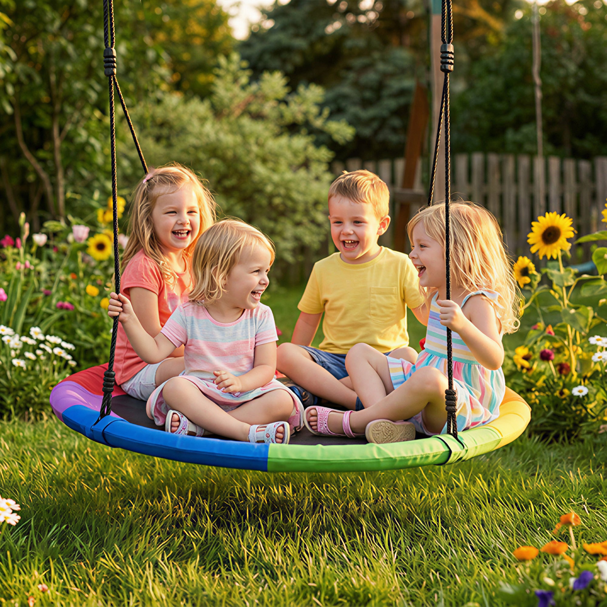AIYAPLAY Tree Swing Seat, 120cm Kids Saucer Swing with Adjustable Ropes and Tree Straps, 300kg Capacity, Multicolour 