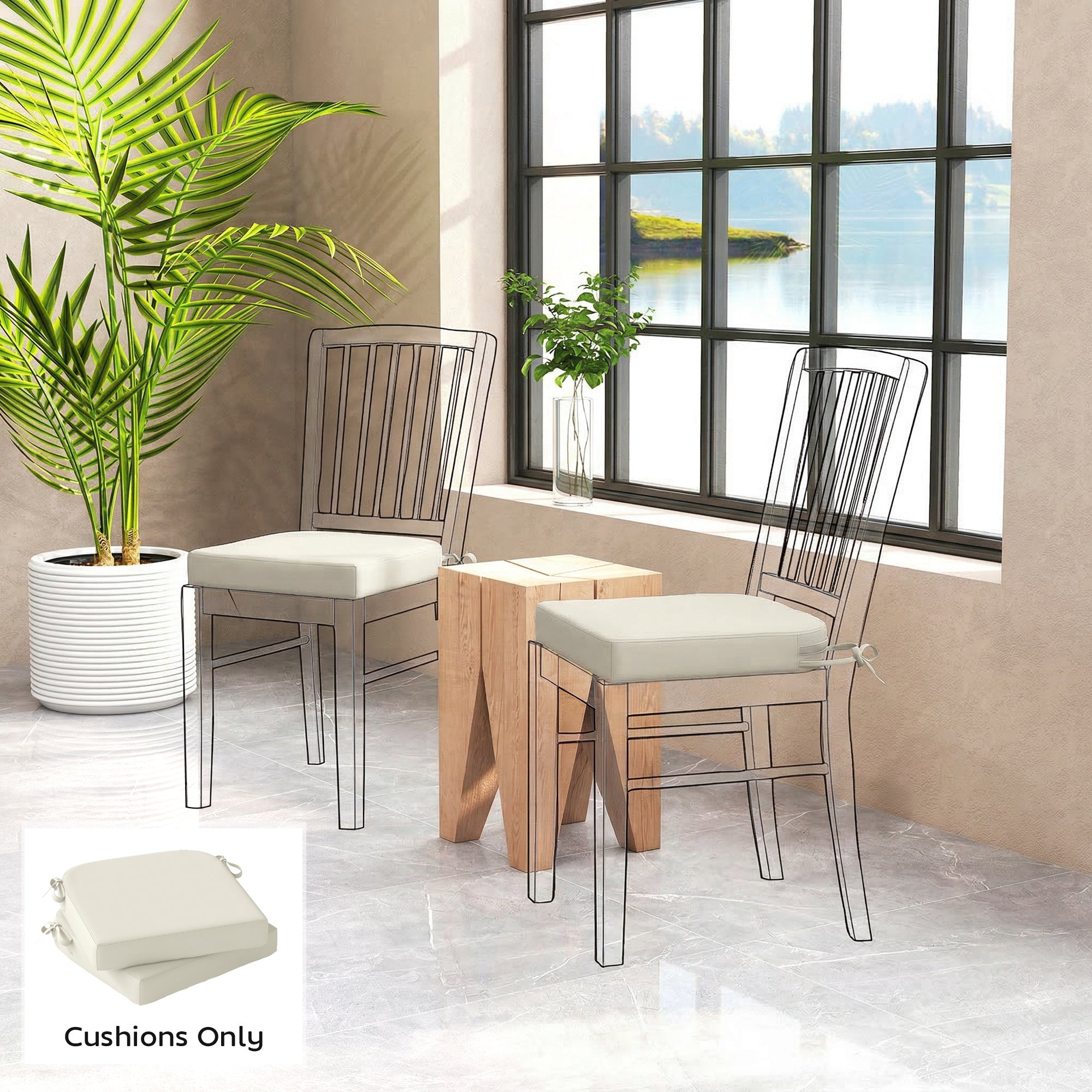 Outsunny Outdoor Chair Seat Cushions Set of 2, Garden Chair Cushions with 7cm Thick Foam & Ties, Cream White 