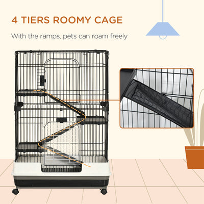 PawHut Four-Tier Small Animal Cage, for Bunnies, Ferrets, Chinchillas w/ Wheels, Tray - Black 