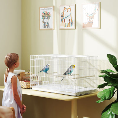 PawHut Bird Cage with Divider, 4 Wooden Perches, Slide Out Tray, 4 Feeders, for Budgie, Lovebird, Canary, 76 x 46 x 46cm, White 