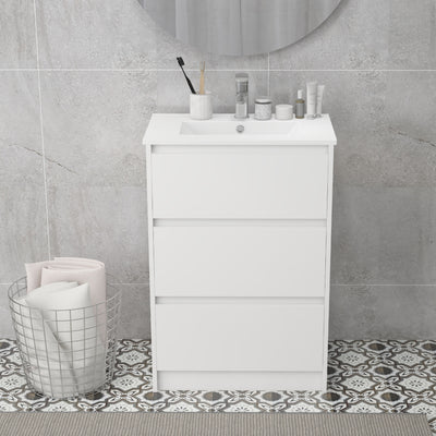 kleankin 600mm Bathroom Vanity Unit with Basin and Single Tap Hole, High Gloss White Floor Standing Bathroom Sink Unit with 2 Drawers 