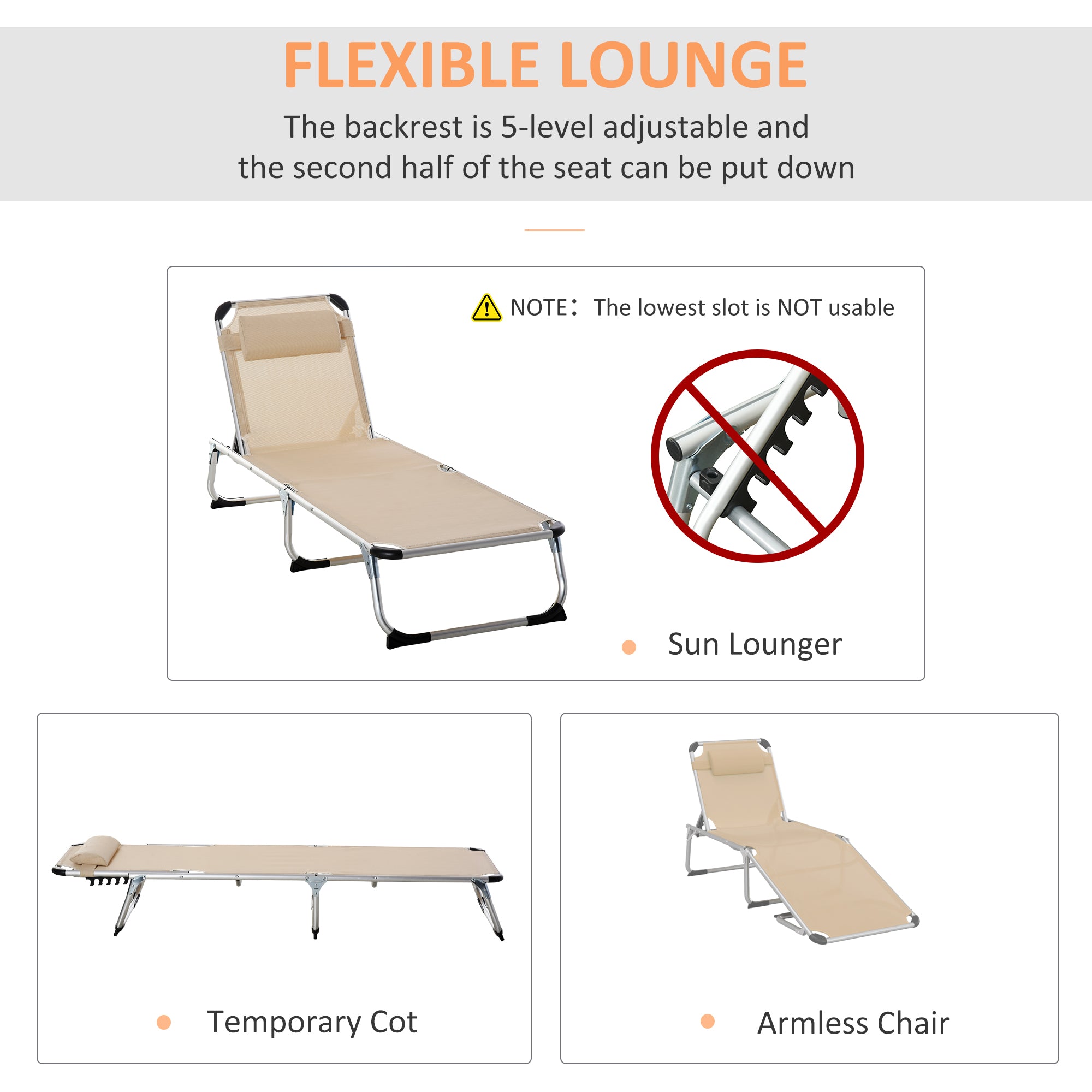 Outsunny Foldable Outdoor Sun Lounger, Reclining Lounge Chair Camping Bed Cot with Pillow 4-Level Adjustable Back Aluminium Frame, Khaki 