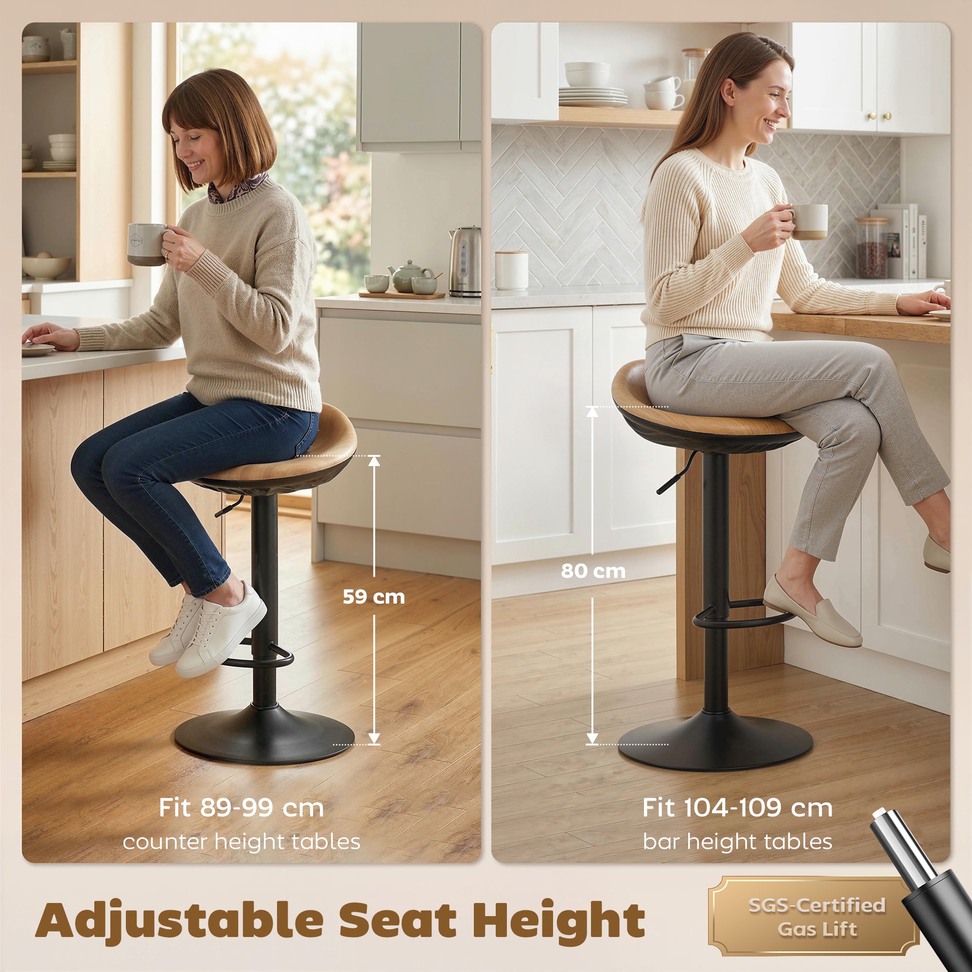 HOMCOM Set of 2 Barstools PU Leather Kitchen Stools with Saddle Seat Height Adjustable Swivel Kitchen Chairs with Footrest Oak 