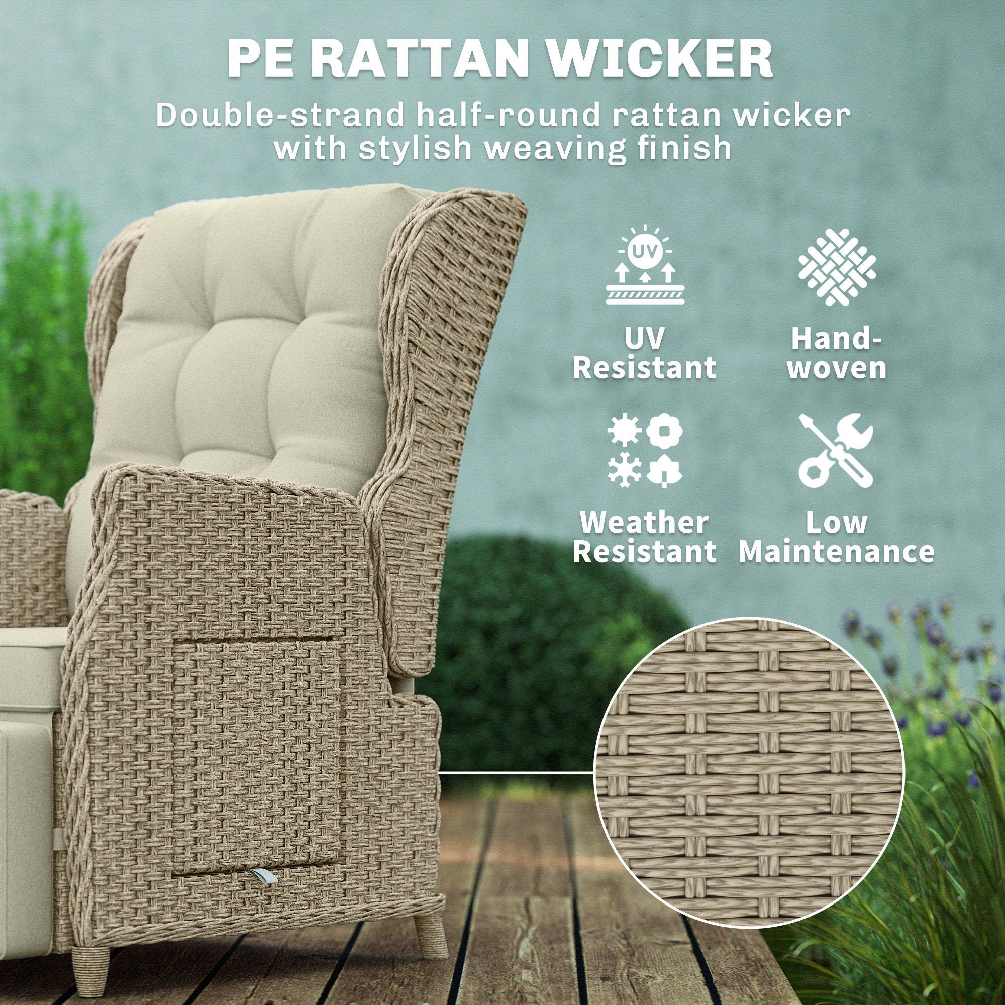 Outsunny Rattan Garden Recliner Chair, Reclining Garden Chair with Adjustable Back and Footrest, Flip Table, Cushion, Brown 
