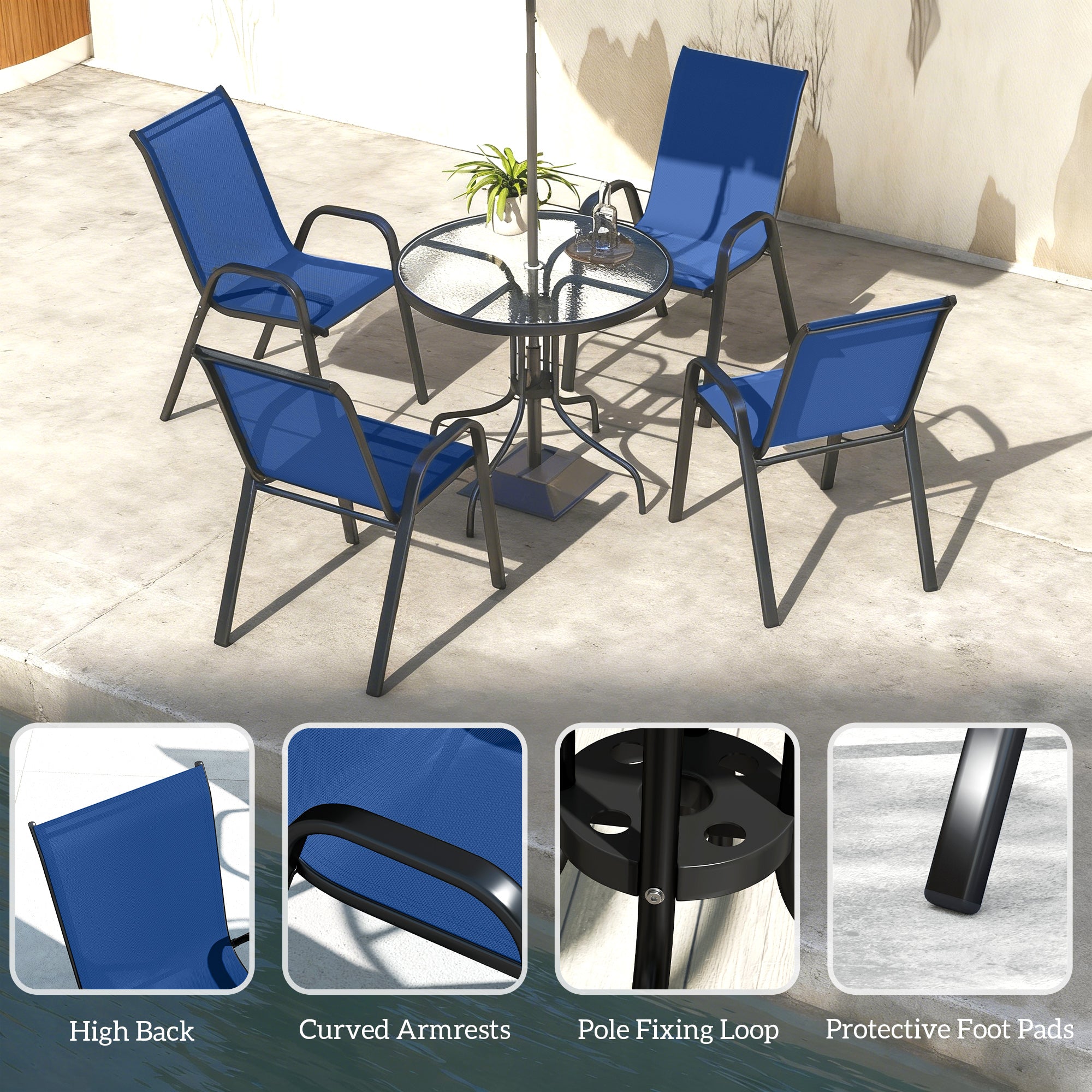 Outsunny Five-Piece Steel Patio Set, with Glass-Top Table - Dark Blue 