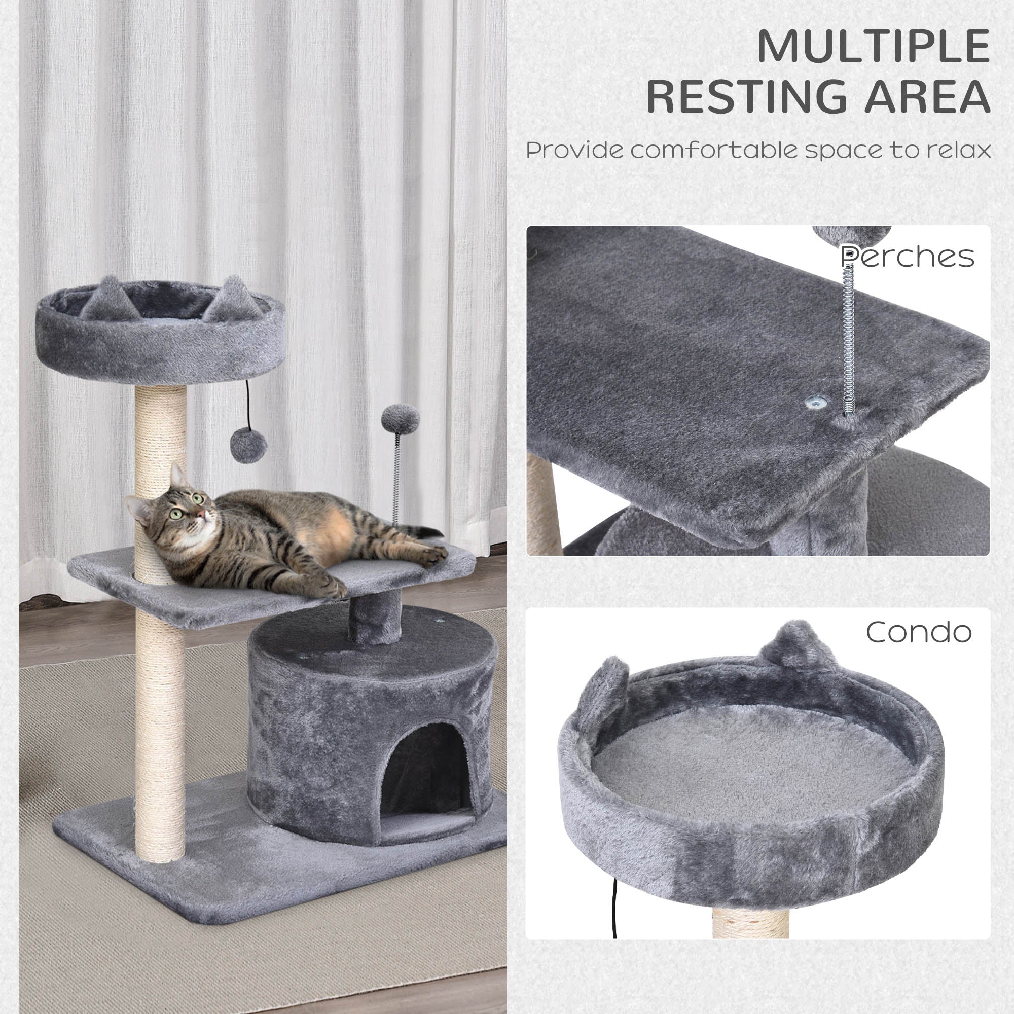 PawHut Cat Tree for Indoor Cats with Scratching Post Climbing Tower Kitty Activity Centre Condo Perch Jumping Platforms Grey 60L x 40W x 81H cm 