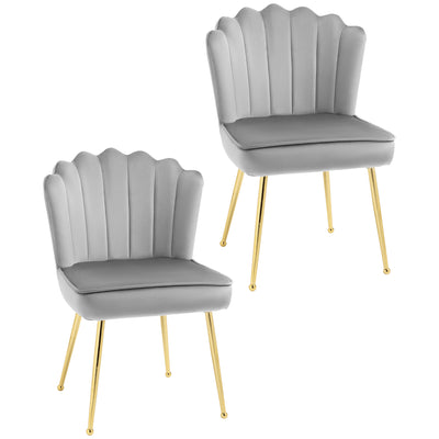 HOMCOM Shell Dining Chairs Set of 2, Upholstered Kitchen Chairs with Gold Metal Legs and Backrest, Velvet Fabric Lounge Leisure Chairs for Living Room, Reception Room, Grey 