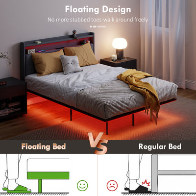 HOMCOM Floating Bed Frame, Upholstered 4ft6 Double Size Bed, Platform Bed with RGB LED Lights and Charging Station, Grey 