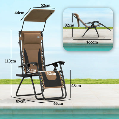 Outsunny Zero Gravity Lounger Chair Set of 2, Folding Reclining Patio Chair with Shade Cover, Cup Holder, Soft Cushion and Headrest for Poolside, Camping, Coffee 