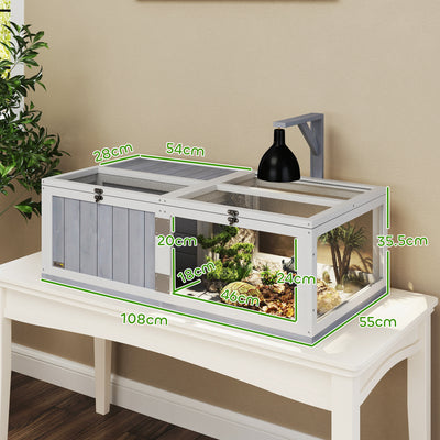 PawHut Wooden Tortoise House with Lamp Holder, Clear Observation Window, Openable Tops, Built-in Tray, Light Grey 