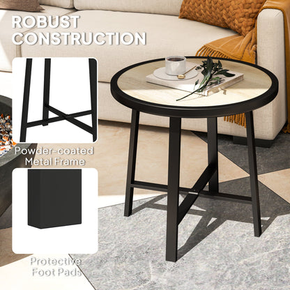 Outsunny Round Small Garden Table, 50.5cm Outdoor Side Table with SPC Tabletop, Metal Frame and Anti-slip Foot Pads for Garden, Balcony, Nature Wood Finish 