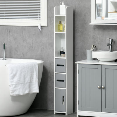 kleankin Modern Bathroom Storage Cabinet, Freestanding Tall Bathroom Cabinet with Open Shelves and 3 Cupboards with Door, for Bedroom Hallway, Grey 
