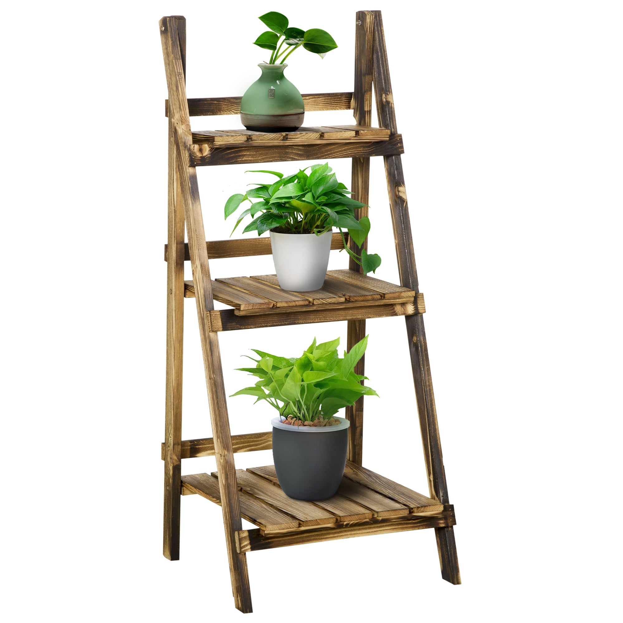 Outsunny Wooden Folding Flower Pot Stand 3 Tier Garden Planter Display Ladder Gardener Storage Shelves Rack Herb Holder (40L x 37W x 93H cm) 