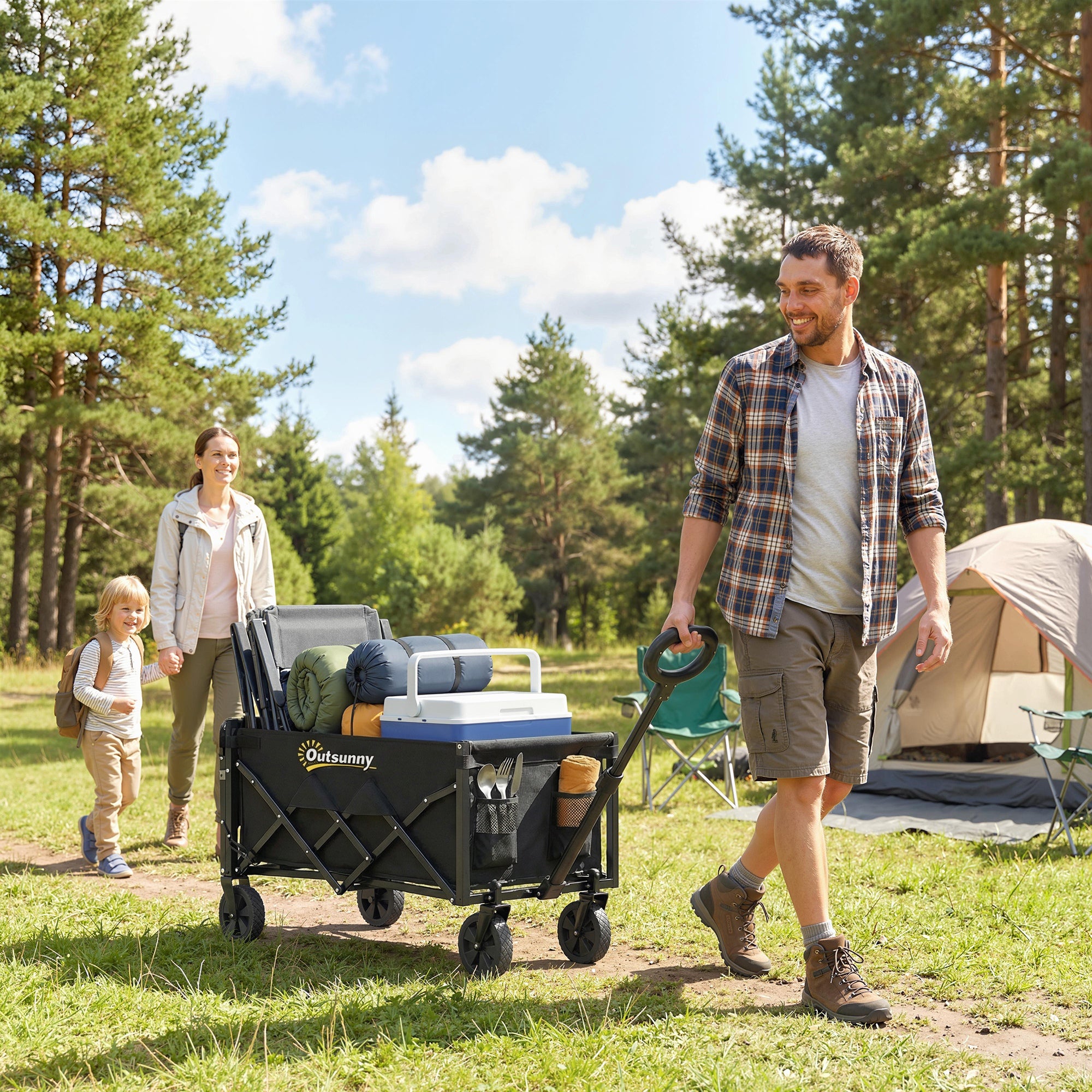 Outsunny 60L Foldable Festival Trolley on Wheels, Collapsible Wagon Cart with Drop-Down Tailgate, Adjustable Handle, Black 