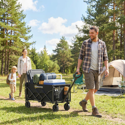 Outsunny 60L Foldable Festival Trolley on Wheels, Collapsible Wagon Cart with Drop-Down Tailgate, Adjustable Handle, Black 