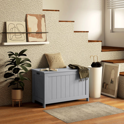 HOMCOM Storage Chest, Modern Storage Trunk with 2 Safety Hinges and Cut-out Handles, Wooden Toy Box for Living Room, Entryway, 76 x 40 x 48 cm, Grey 