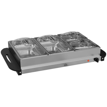 HOMCOM 4 Tray Electric Food Warmer Buffet Server with Warming Plate, Cool Touch Handles, Adjustable Temperature, 300W, 2 x 2.4L and 2 x 1L Pans 