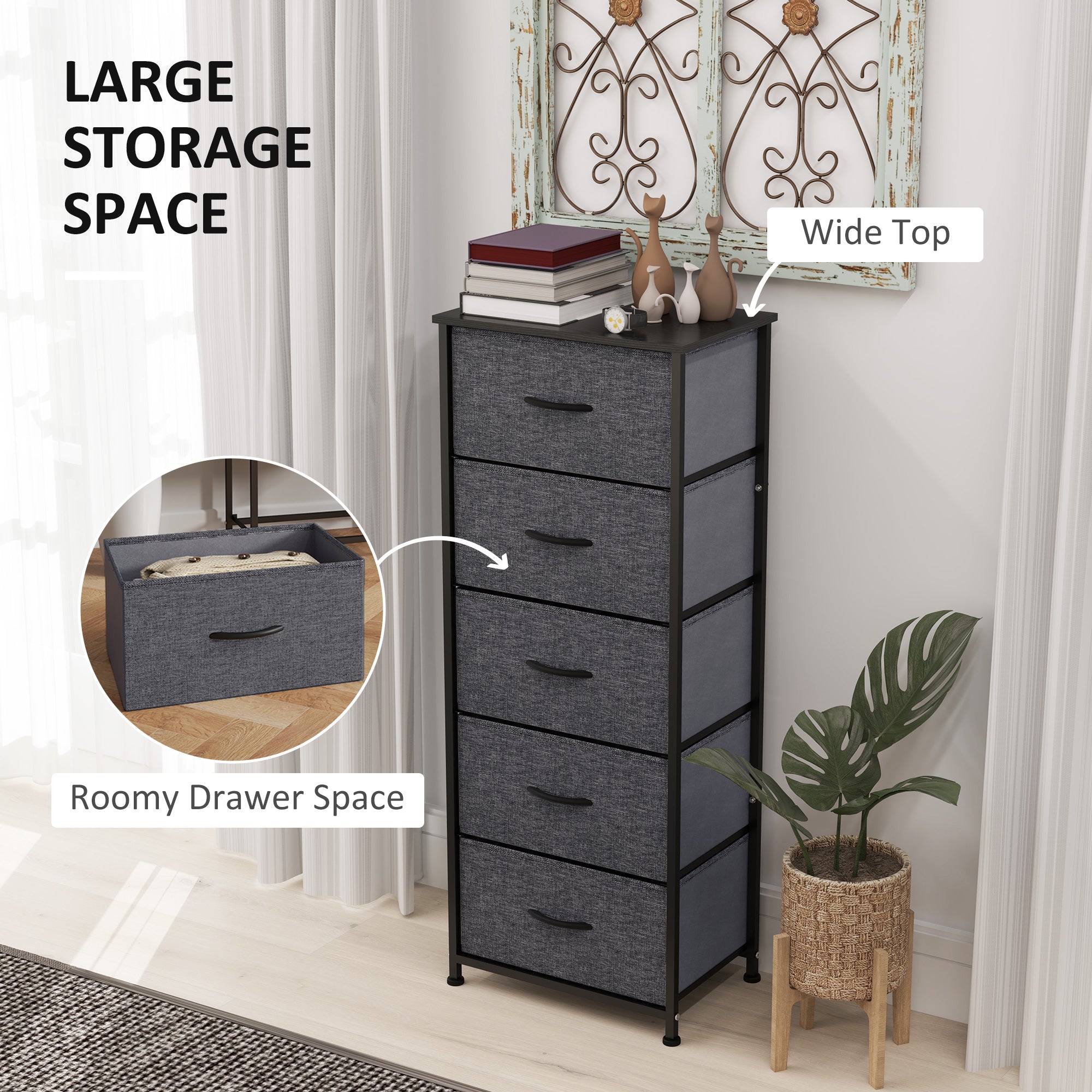 HOMCOM Fabric Chest of Drawers, Storage Drawers, Industrial Bedroom Dresser with 5 Fabric Drawers, Steel Frame and Wooden Top for Nursery, Living Room, Hallway, Dark Grey 