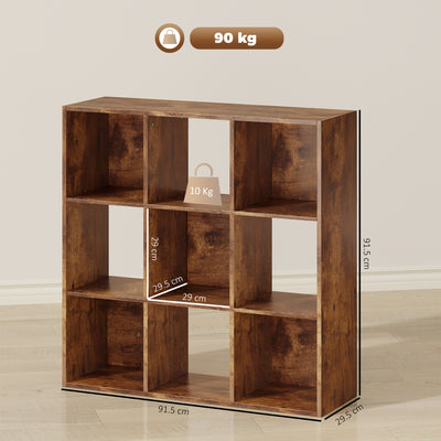 HOMCOM 3-tier 9 Cubes Storage Unit Particle Board Cupboard Bookcase Organiser Home Office Shelves, Rustic Brown 