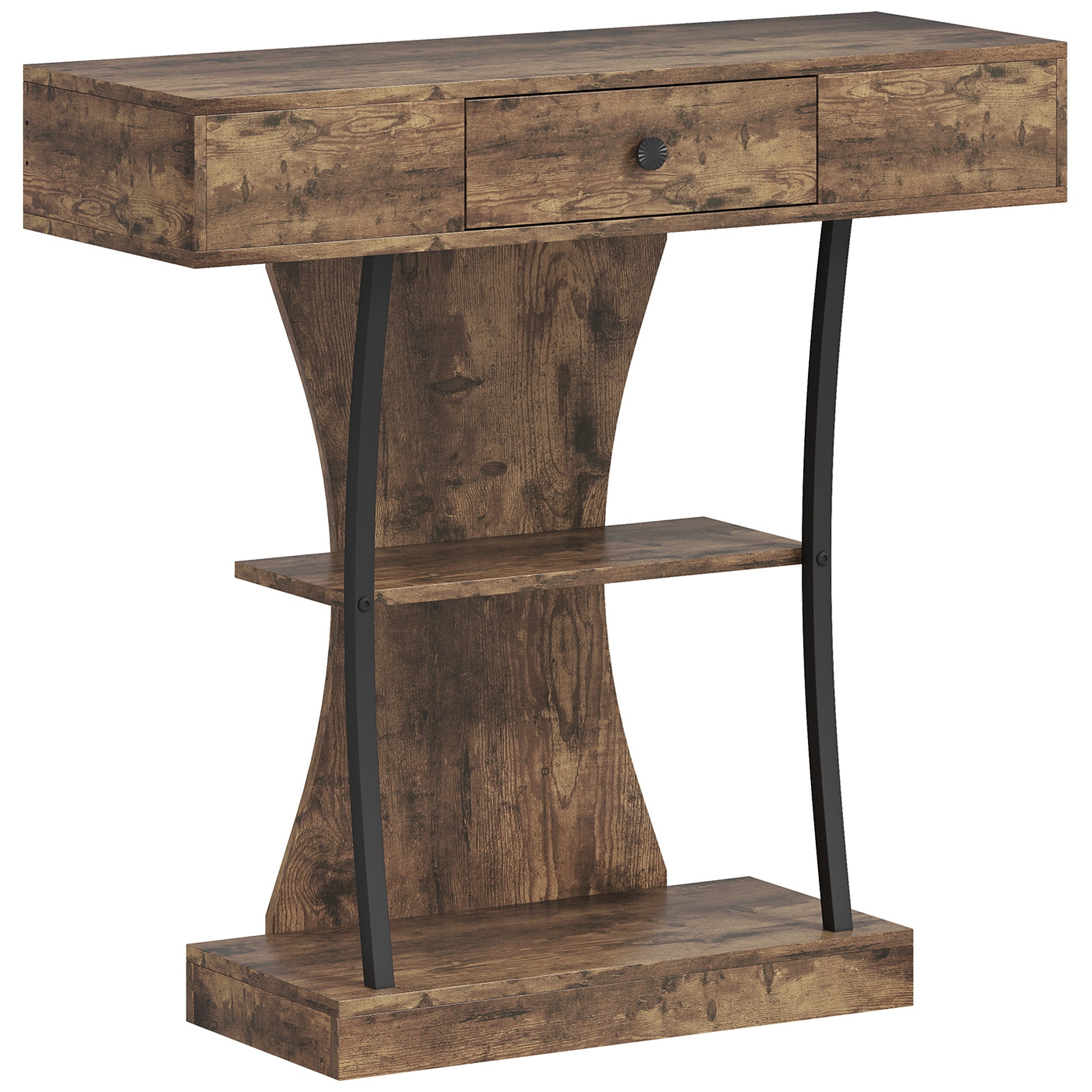 HOMCOM Console Table, 3-Tier Industrial Hallway Table with Drawer, Storage Shelves, 91 x 32 x 87 cm, Rustic Brown 