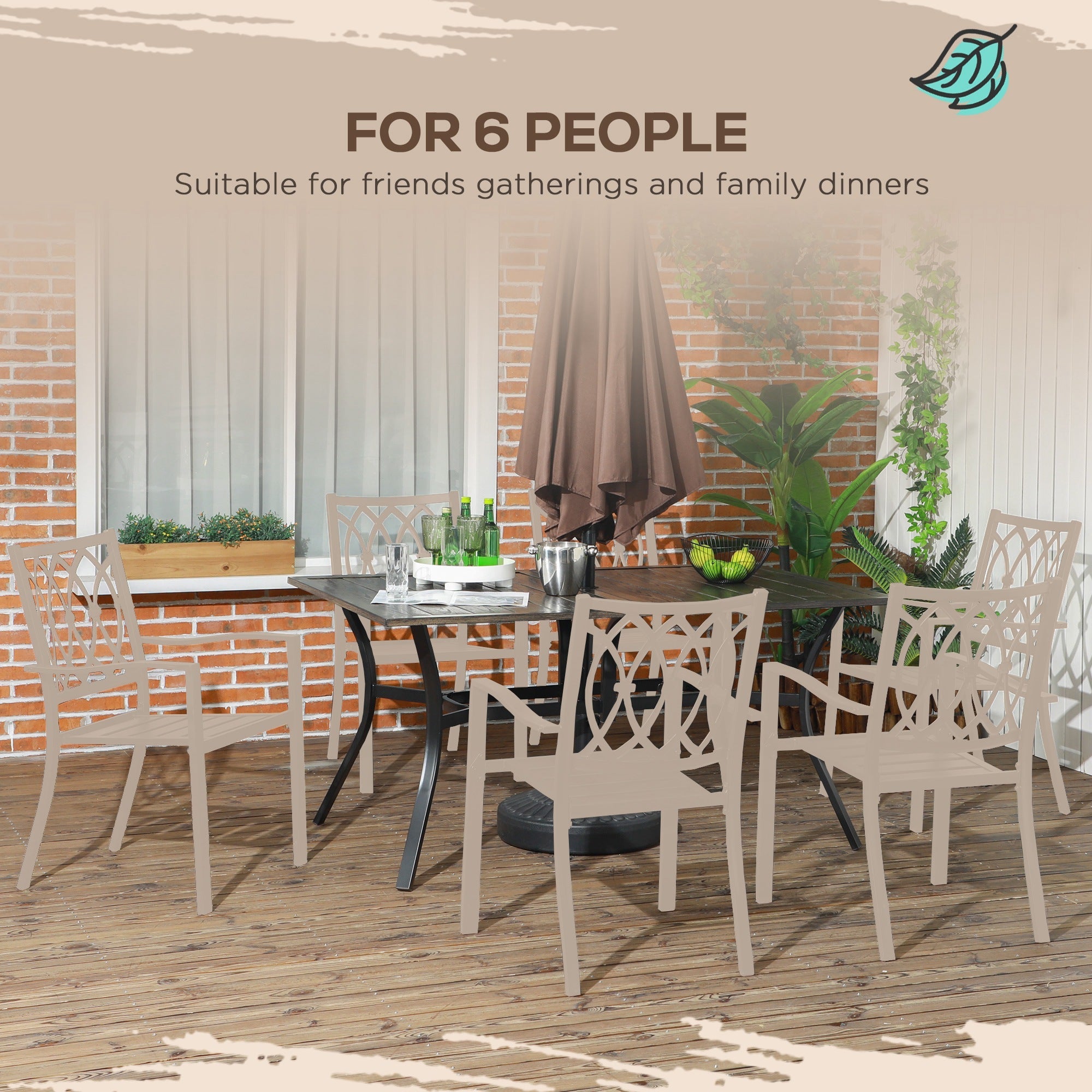 Outsunny Six-Seater Steel Garden Table, with \'e2\'8c\'8041mm Parasol Hole - Wood-Effect 