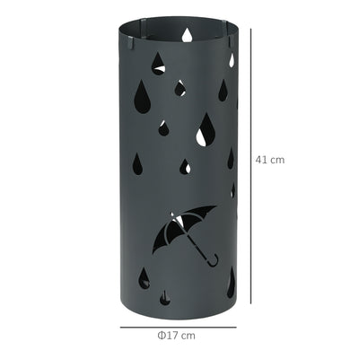 HOMCOM Freestanding Umbrella Stand for Hallway, Round Umbrella Basket with 4 Hooks and Drip Tray for Entryway, Dark Grey 