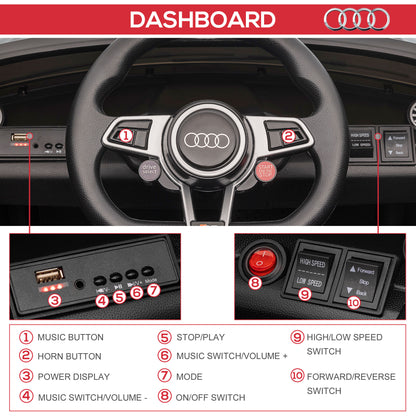 HOMCOM Kids Licensed Audi TT Ride-On Car 12V Battery w/ Remote Suspension Headlights and MP3 Player 2.5-5km/h Black 