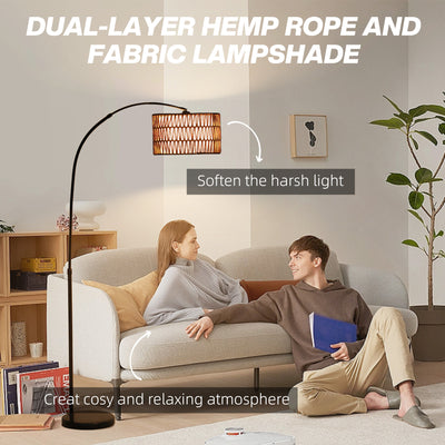 HOMCOM Rattan Floor Lamp for Living Room, Farmhouse Arc Standing Lamp with Dual-Layer Shade & Foot Switch, Height Adjustable Minimalist Tall Pole Lampshade for Bedroom, Office, Black 