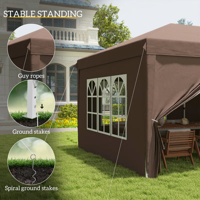Outsunny 3 x 6 m Pop Up Gazebo with Sides and Windows, Height Adjustable Wedding Camping Party Tent Canopy Marquee with Storage Bag for Garden, Event, Brown 