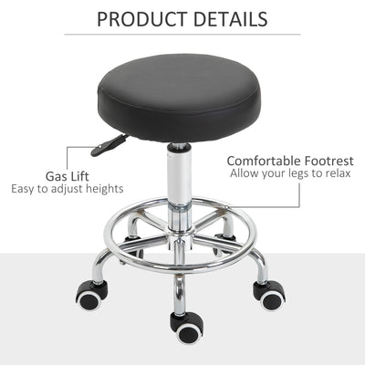 Vinsetto Round Rolling Stool, PU Leather Height Adjustable Stool Chair with Wheels and Swivel Seat for Salon, Massage, Spa, Home Kitchen, Black 