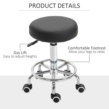 Vinsetto Round Rolling Stool, PU Leather Height Adjustable Stool Chair with Wheels and Swivel Seat for Salon, Massage, Spa, Home Kitchen, Black 