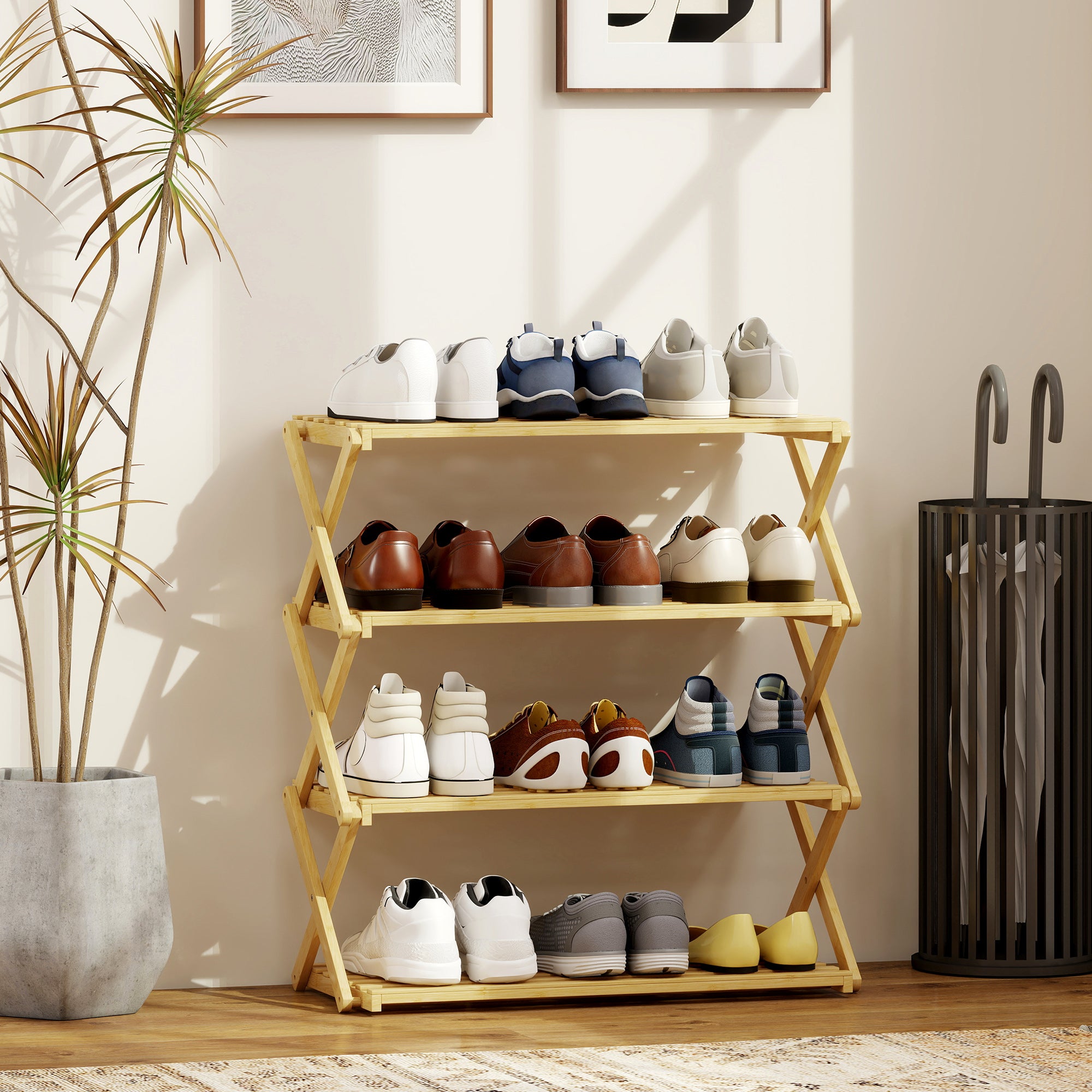 HOMCOM Four-Tier Folding Bamboo Shoe Rack - Natural Finish 