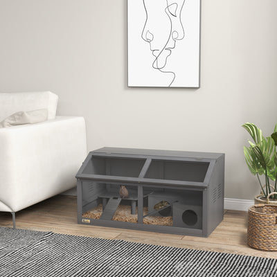 PawHut Hamster Cage, Wooden Small Animal Cage for Gerbils, Mice w/ Suspension Bridge, Openable Top, Hut, 85 x 45 x 44cm - Grey 