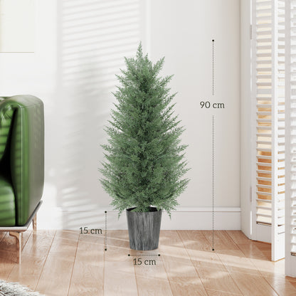 HOMCOM 90cm Artificial Cypress Trees Set of 2, UV Resistant Artificial Plants with Decorative Pot, Fake Plants for Indoor Outdoor Decor, Green
