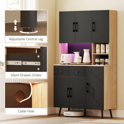HOMCOM 176 cm Kitchen Cupboard with LED Lights - Oak and Black 