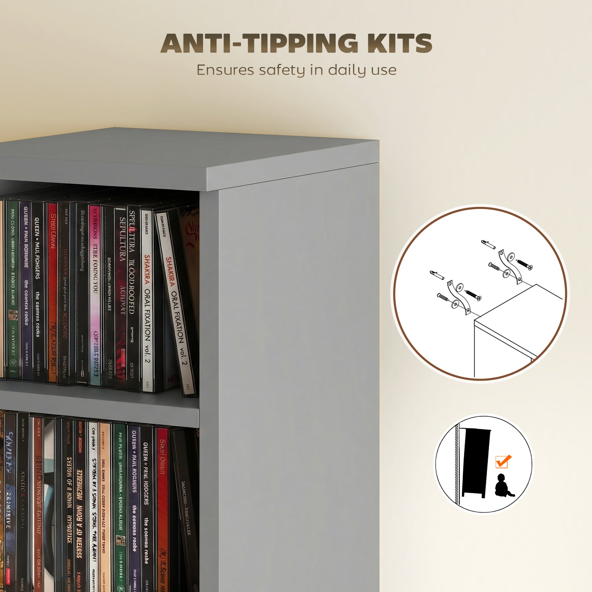 HOMCOM Set of 2 CD Media Display Shelf Unit Tower Rack with Adjustable Shelves, Light Grey 