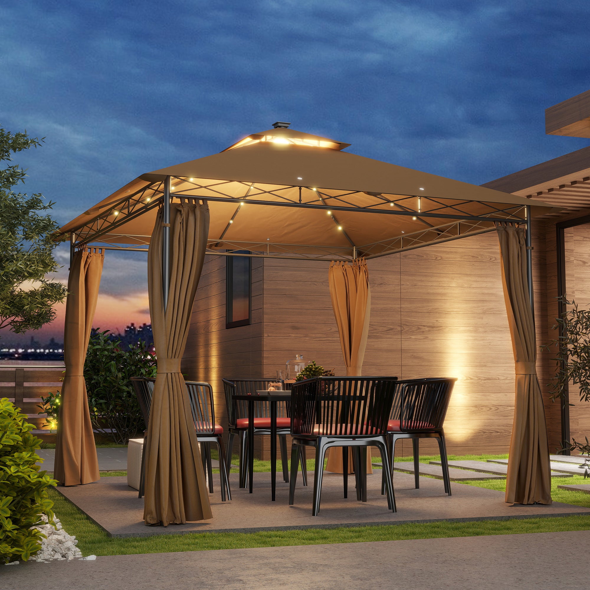 Outsunny 3 x 3 m Garden Gazebo, Double Roof Metal Gazebo with Curtains and Solar-Powered LED Lights, Outdoor Gazebo Canopy Shelter for Patio, Deck, Brown