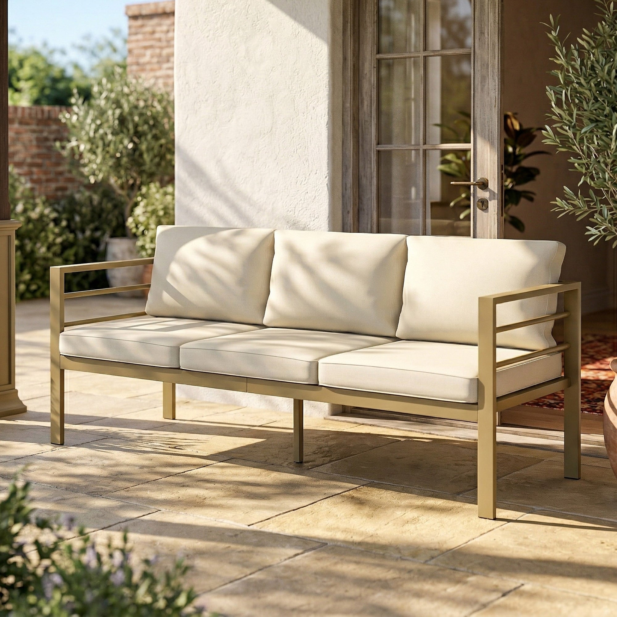 Outsunny Garden Bench with Cushions, 3-Seater Sofa with Backrest, Armrest and Back Cushions, 185 x 66 x 64cm, Cream White 
