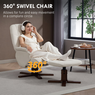 HOMCOM Linen Swivel Recliner Chair with Footstool, Upholstered Reclining Armchair with Wooden Base for Living Room, Beige 