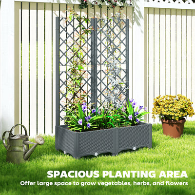 Outsunny Raised Garden Bed with Trellis, Plastic Planter Box with Drainage Holes, Drain Plugs and Water Reservoirs for Climbing Plants, Vegetables, Flowers, Grey 