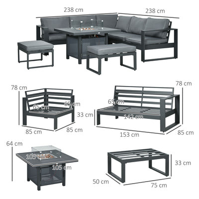 Outsunny 6-Piece Aluminium Garden Furniture Set, Outdoor Conversational Corner Sofa Loveseat Footstool Sectional with Gas Fire Pit Table for Yard, Poolside, Grey 