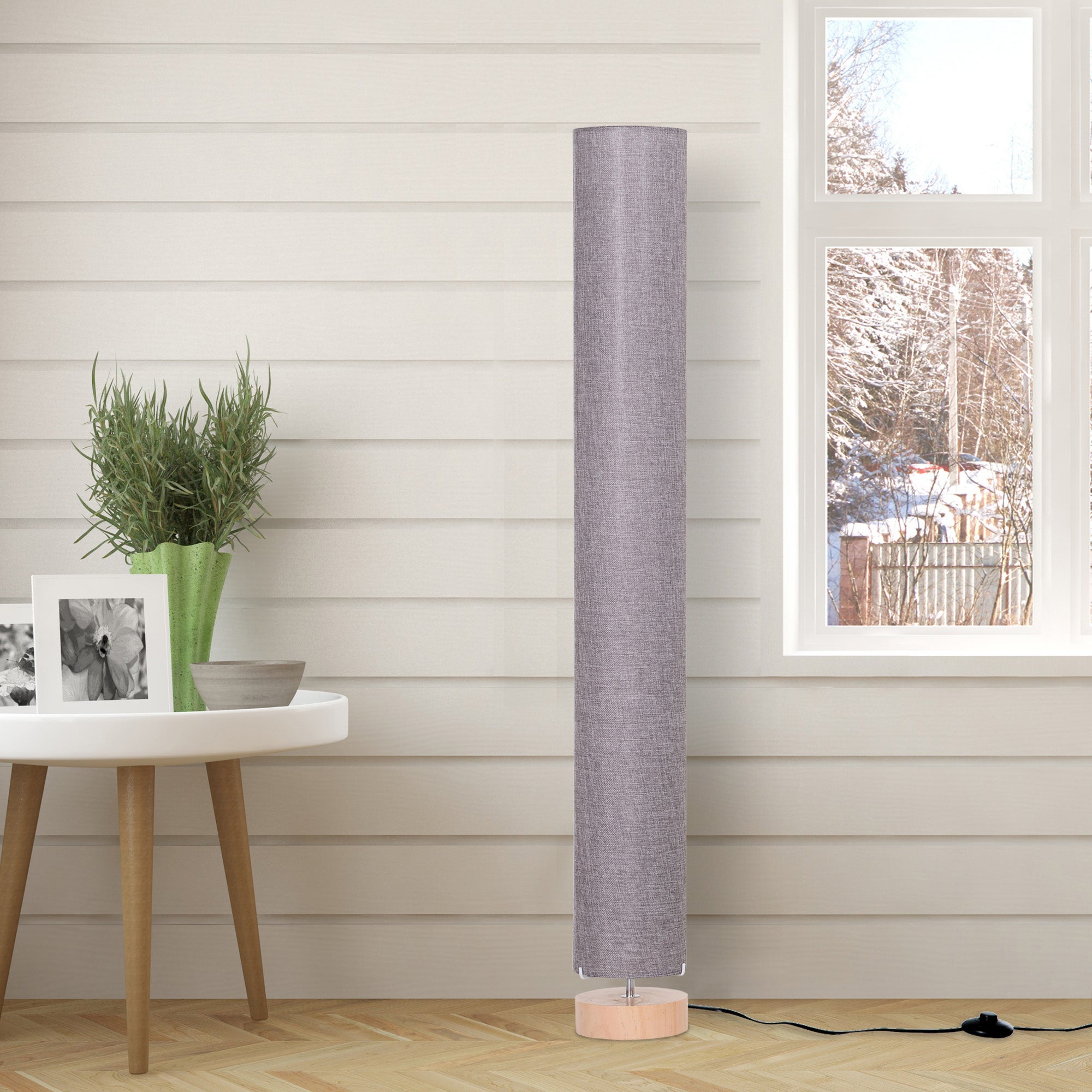 HOMCOM 47-Inch Modern Wooden Floor Lamp for Bedroom, Study or Living Space with Fabric Linen Shade (Grey)  120 CM 